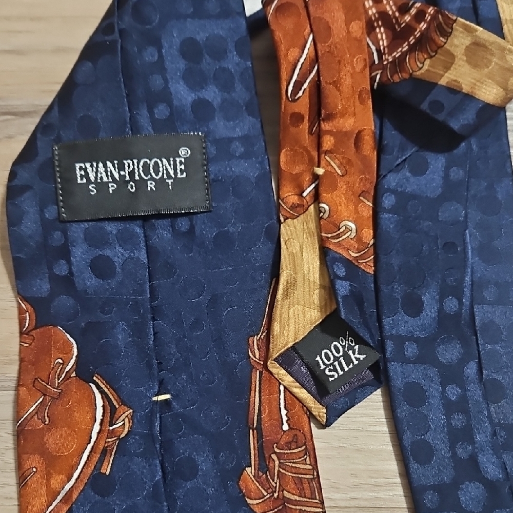 Evan Picone Baseball Silk Tie in Blue and Brown - Picture 2 of 3